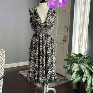 Max Studio Floral Print Smocked Waist Midi Dress